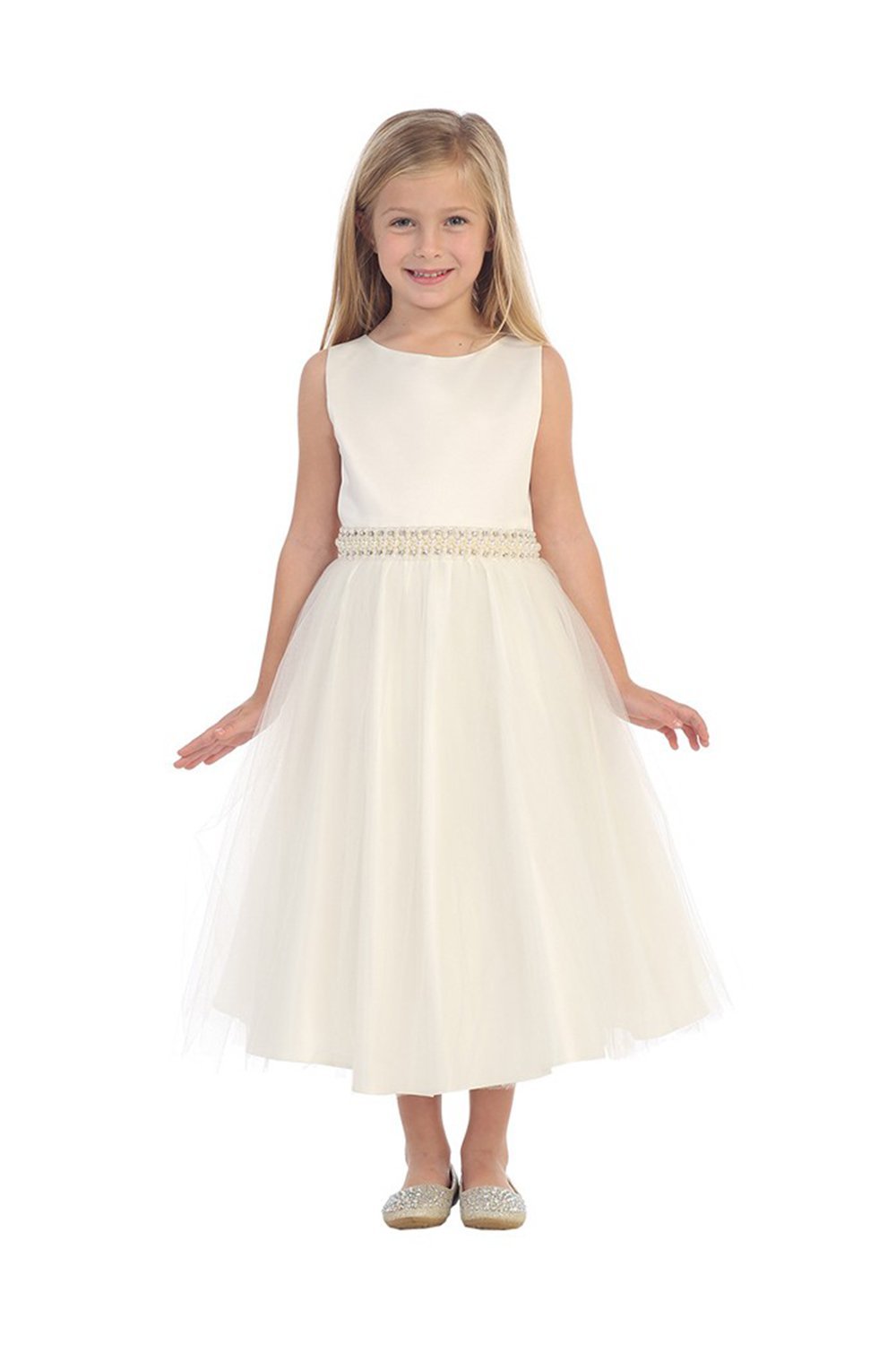 Ivory Sleeveless Satin Top Flower Girl Dress with Tulle Overlay Skirt